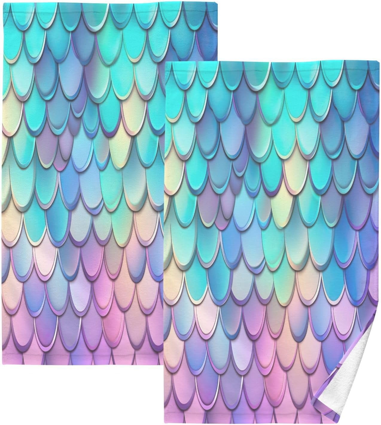Myst Design Rainbow Mermaid Scales Towels Set of 2, Super Soft Absorbent Hand Towel Cotton Bath