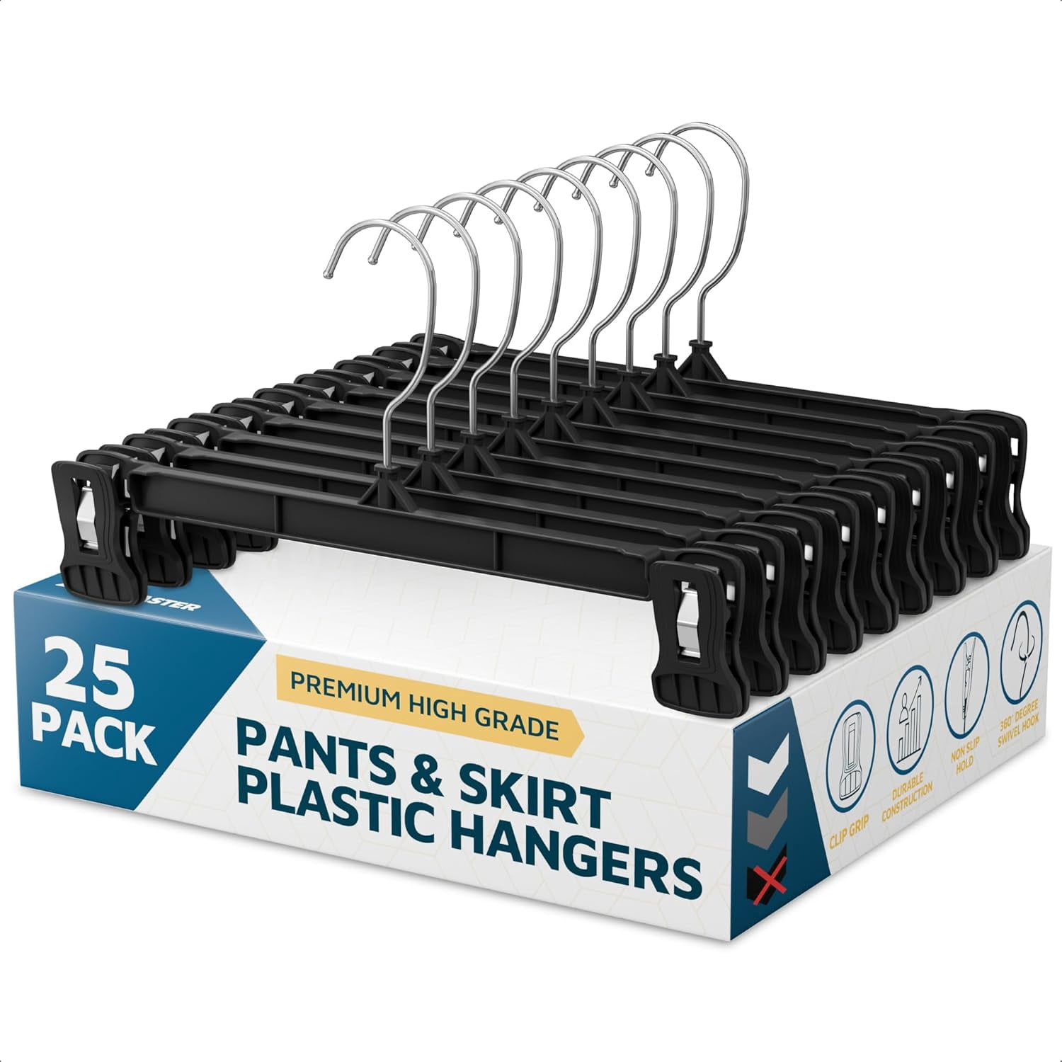 Lifemaster Pants Hangers with Clips, 25 Pack, 12" Heavy-Duty Non-Slip Grip, 360° Swivel Hook, Space-Saving Hangers for Pants, Skirts, Shorts, Black