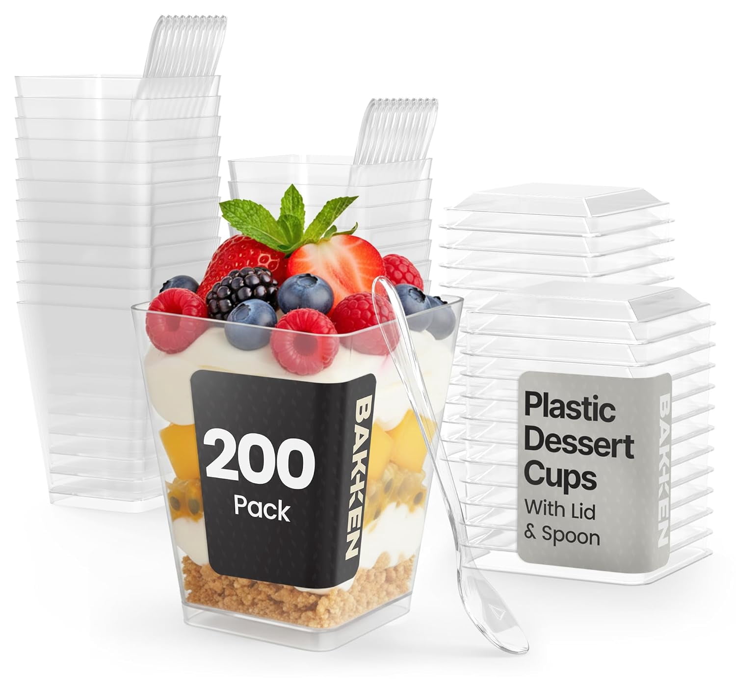 Bakken Plastic Dessert Cups with Lids & Spoons (200 Pack) – Spill-Resistant, Heavy-Duty Parfait & Appetizer Cups for Parties, Catering & Events.