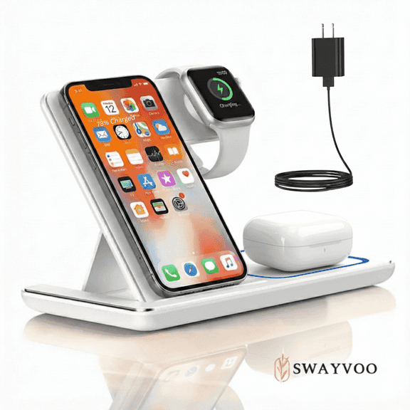 Swayvoo 15W Foldable 3 in 1 Fast Wireless Charger Type C Charging Station for Phone Earbuds and Smart Watch White