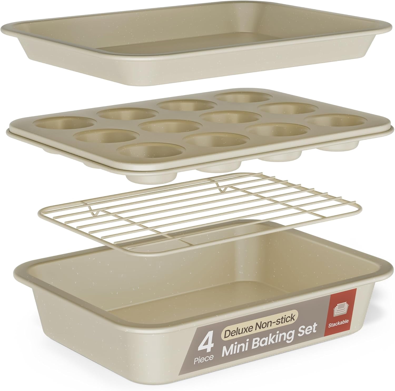 Bakken 4-Piece Bakeware Sets, Nonstick Carbon Steel Baking Sheet, Stackable Space-Saving Bakeware, Dishwasher Safe, Oven Safe 450°F, White Marble