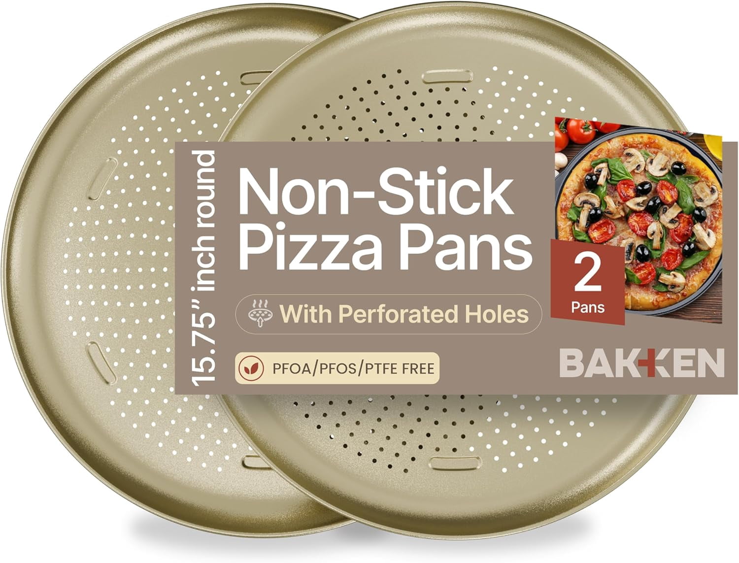 Bakken 16" Non-Stick Perforated Pizza Pan 2 Pack, Round Carbon Steel Tray, Oven & Dishwasher Safe, Durable Nonstick, Gold