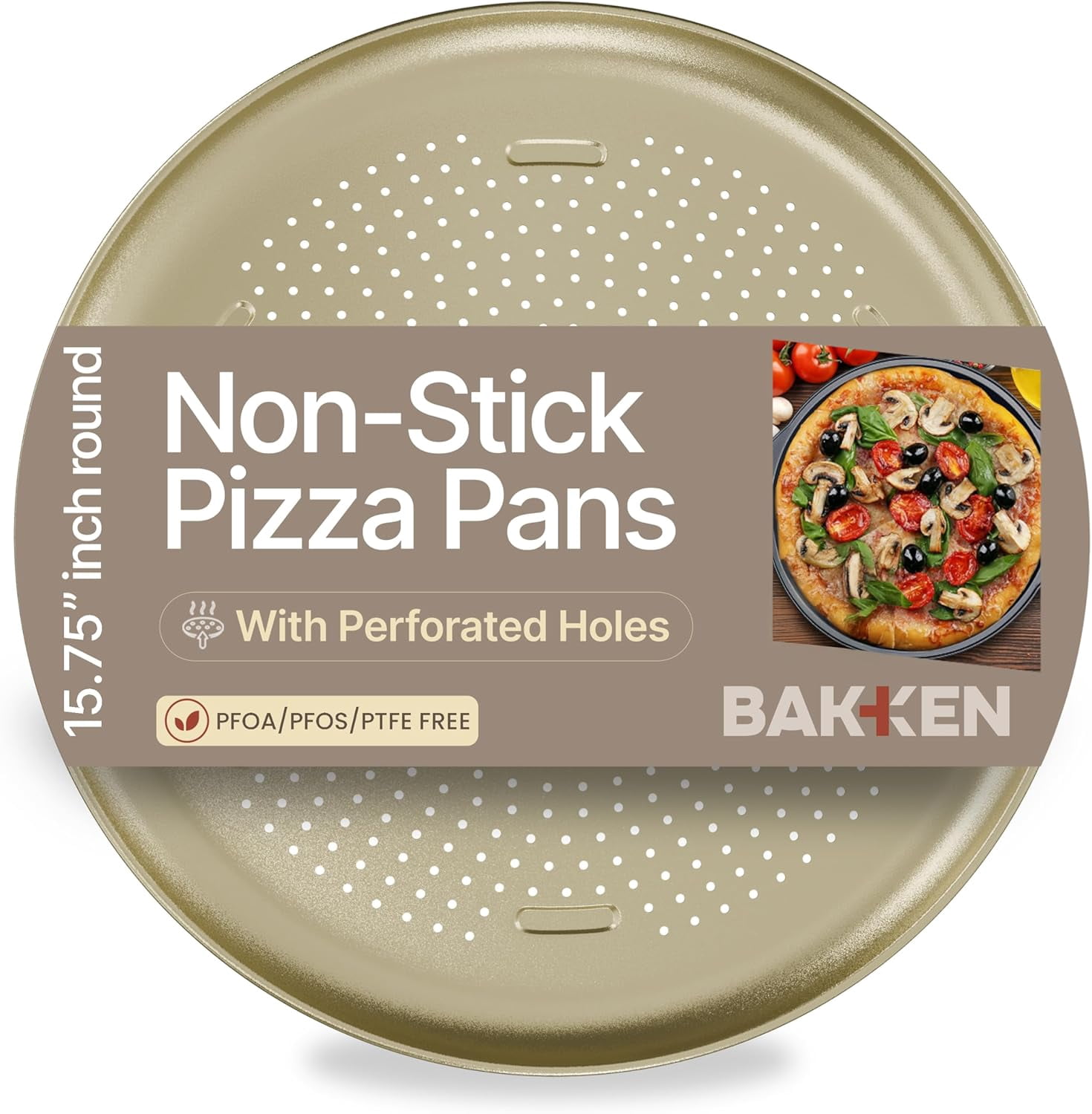 Bakken 16" Non-Stick Perforated Pizza Pan 1 Pack, Round Carbon Steel Tray, Oven & Dishwasher Safe, Durable Nonstick, Gold