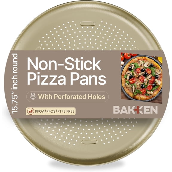 Bakken 16" Non-Stick Perforated Pizza Pan 1 Pack, Round Carbon Steel Tray, Oven & Dishwasher Safe, Durable Nonstick, Gold