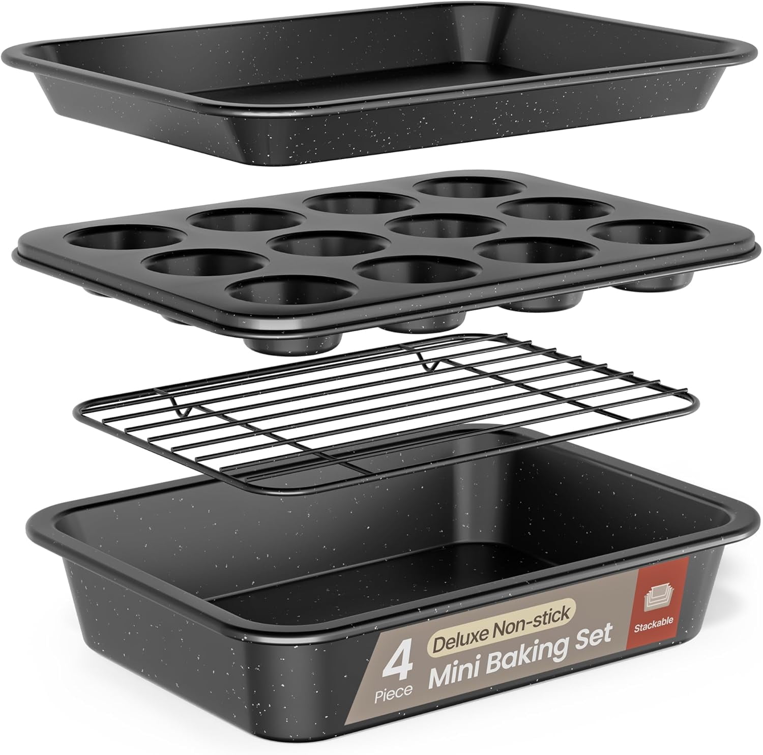 Bakken 4-Piece Bakeware Sets, Nonstick Carbon Steel Baking Sheet, Stackable Space-Saving Bakeware, Dishwasher Safe, Oven Safe 450°F, Gray Marble