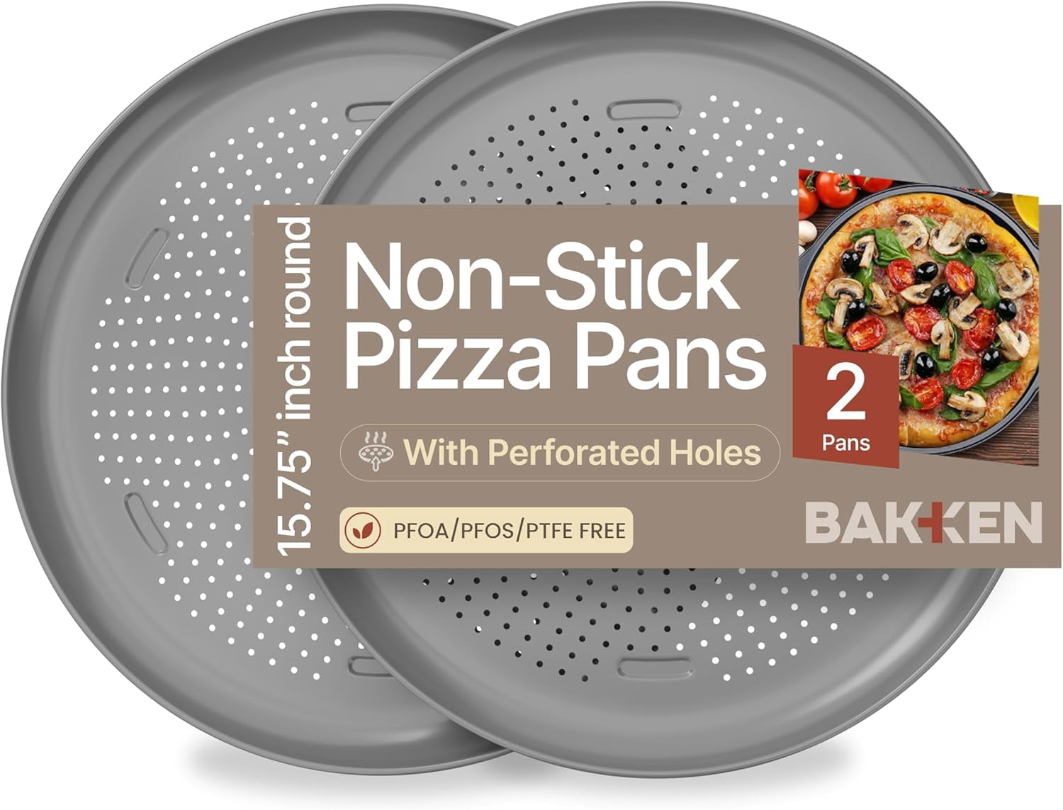 Bakken 16" Non-Stick Perforated Pizza Pan 2 Pack, Round Carbon Steel Tray, Oven & Dishwasher Safe, Durable Nonstick, Silver