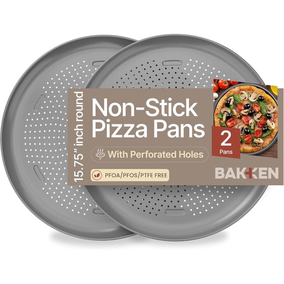 Bakken 16" Non-Stick Perforated Pizza Pan 2 Pack, Round Carbon Steel Tray, Oven & Dishwasher Safe, Durable Nonstick, Silver