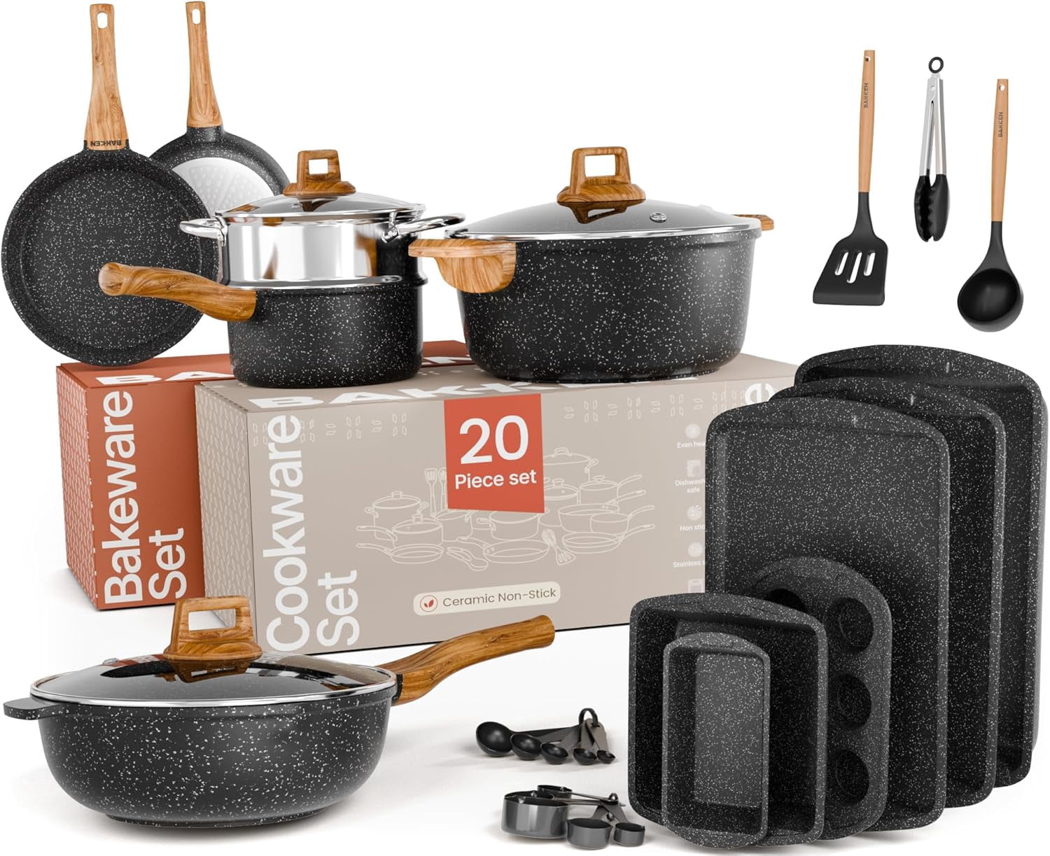 Bakken Master 20-Piece Nonstick Cookware Pots and Pans Set with Bakeware, Granite Coating, Tempered Glass Lids, Oven Safe 500°F, Marble Color