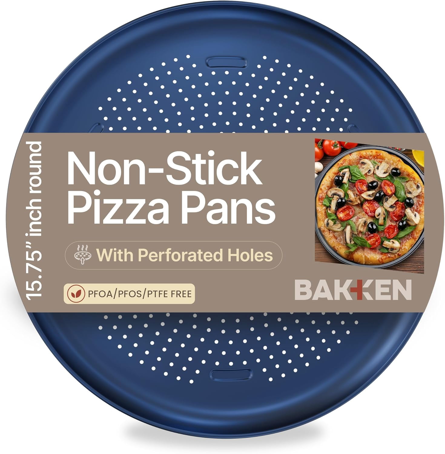 Bakken 16" Non-Stick Perforated Pizza Pan 1 Pack, Round Carbon Steel Tray, Oven & Dishwasher Safe, Durable Nonstick, Blue
