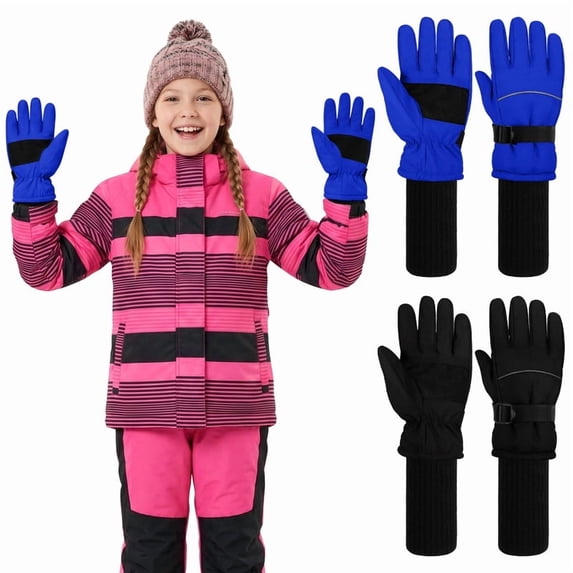 Cooraby 2 Pack Long Kids Winter Ski Gloves Waterproof Warm Snow Gloves Thick Unisex Mitten Gloves for Girls Boys