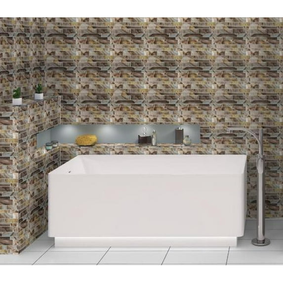 Myst Toffi Brown Brick Joint Marble Look Polished Glass Mosaic Wall Tile