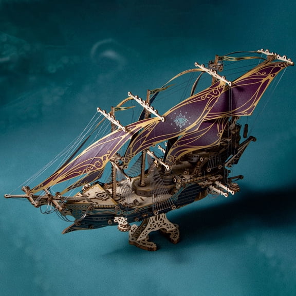 Mysteries Future Pirate Ship 3D Wooden Puzzle Kit, DIY Steampunk Pirate Vessel Model Decor Gift for Hobbyists Ages 14+