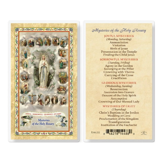 Mysteries of the Rosary Gold-Stamped Laminated Catholic Prayer Holy Card with Prayer on Back, Pack of 25