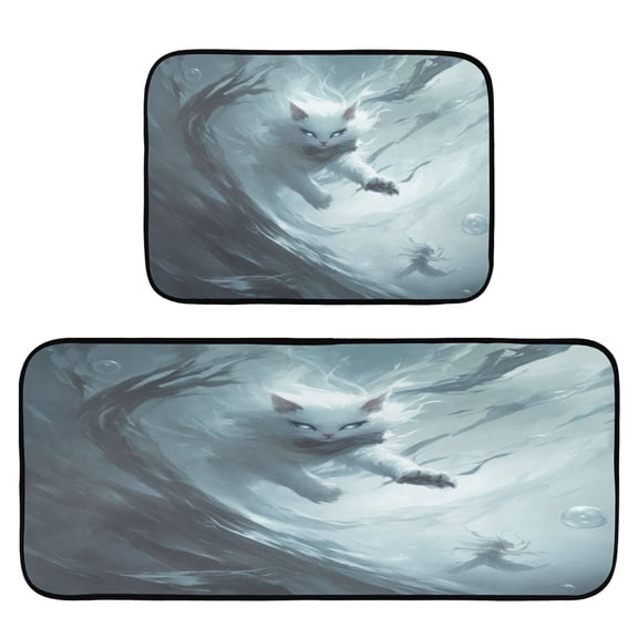 Mysterious Battle Cat 2-Piece Kitchen Carpet Mat Set, Non-Slip Memory Foam, Soft for Kitchen and Living Room Use
