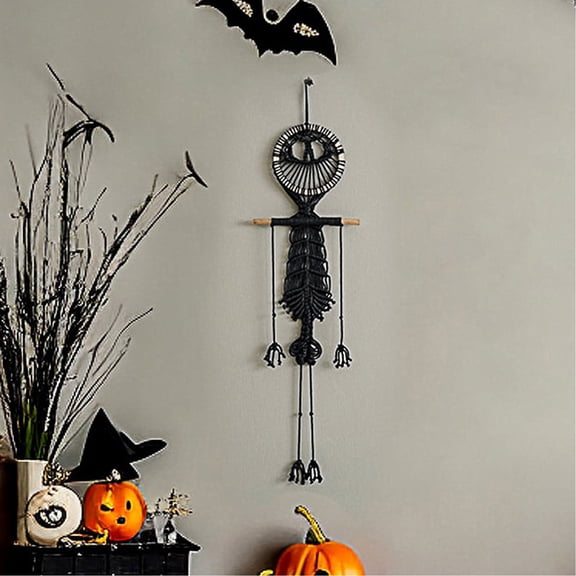 Mysterious Black Halloween Woven Macrame Wall Hanging, Outdoor Porch Tree Haunted House Trick Or Treat Spooky Scene Setup, Tear Proof Weatherproof Craftsmanship Display For Holiday Party Guests