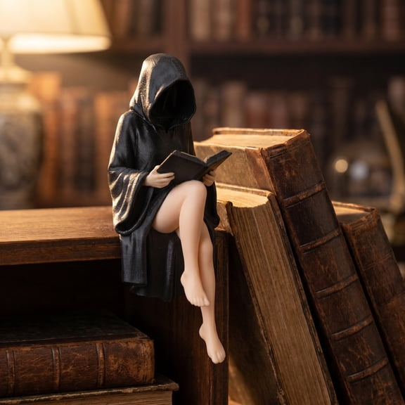 Mysterious Black Robe Gothic Statue Spooky Tabletop Figurine Plastic Sculpture for Desk Bookshelf Garden Halloween Decor Gift
