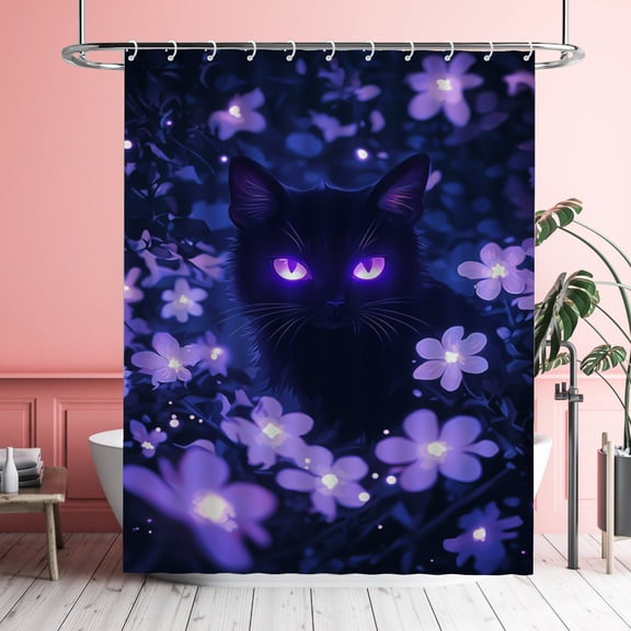 Mysterious Cat Shower Curtain Animal Cartoon Black Cat Purple Wildflower Waterproof Bathroom Curtains with Plastic Hooks Enchanted Garden Firefly Lilac Floral Bathtub Curtain Men Women Bath Decor