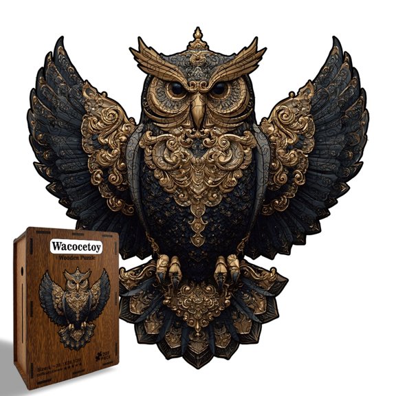 Mysterious "Clockwork Sentinel" Owl Wood Jigsaw Puzzle with Hidden Creatures, Vibrant Steampunk Raptor Silhouette Art for Adults, Unique Fantasy Gift, Small