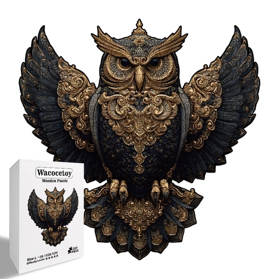 Mysterious "Clockwork Sentinel" Owl Wood Jigsaw Puzzle with Hidden Creatures, Vibrant Steampunk Raptor Silhouette Art for Adults, Unique Fantasy Gift, Small