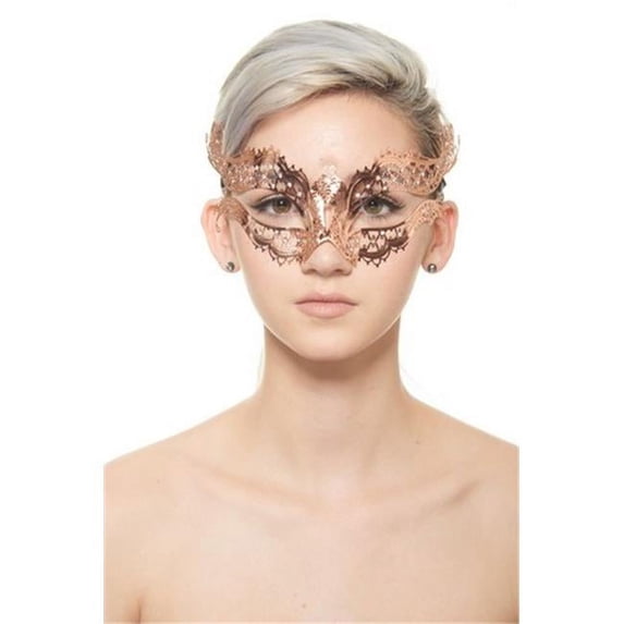 Mysterious Elegance Rose Gold Laser Cut Masquerade Mask with Clear Rhinestones - One Size