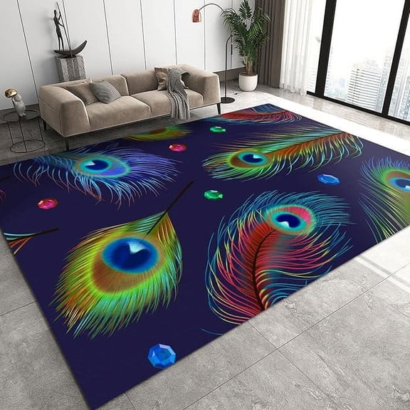 Mysterious Fantasy Peacock Feather Area Rug, Light Luxury Diamond Embellished Indoor Rugs, Easy Clean Machine Washable Soft Pet Friendly Rugs For Living Room Bedroom Sofa Floor 2 x 3ft