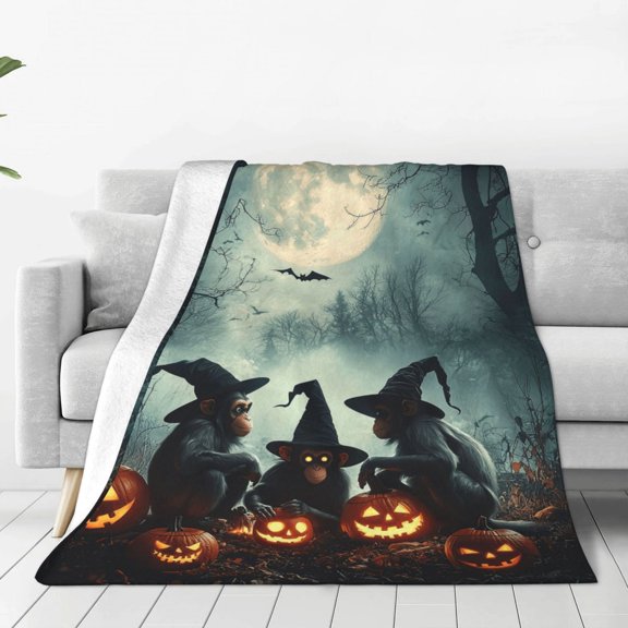 Mysterious Foggy Monkey Flannel Throw Blanket, Soft, Warm, Durable Gothic Blanket, for Bed, Couch & Travel, Machine Washable 50x40in, Three Witches & Full Moon
