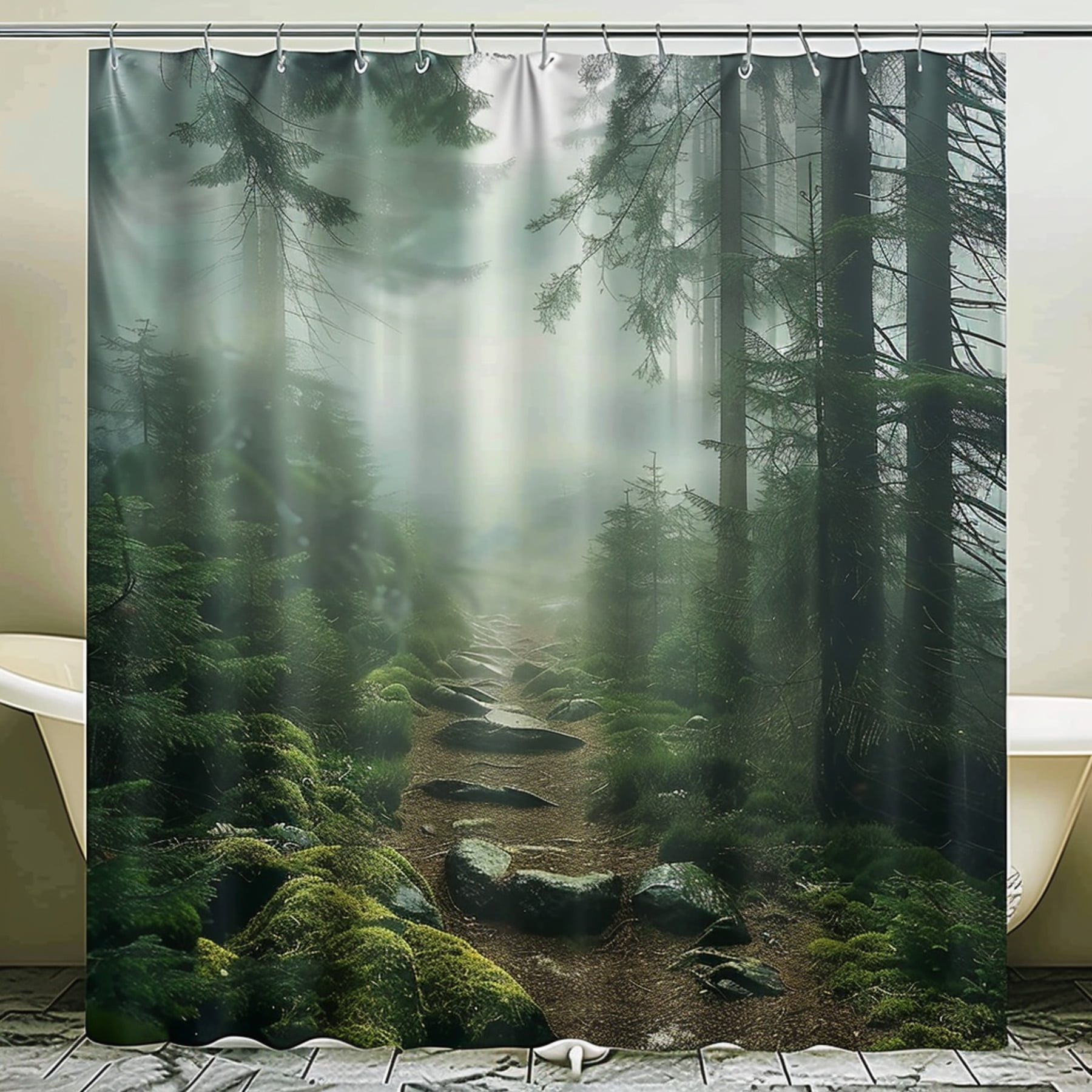 Mysterious Forest Path Shower Curtain Green Forest Landscape Bathroom