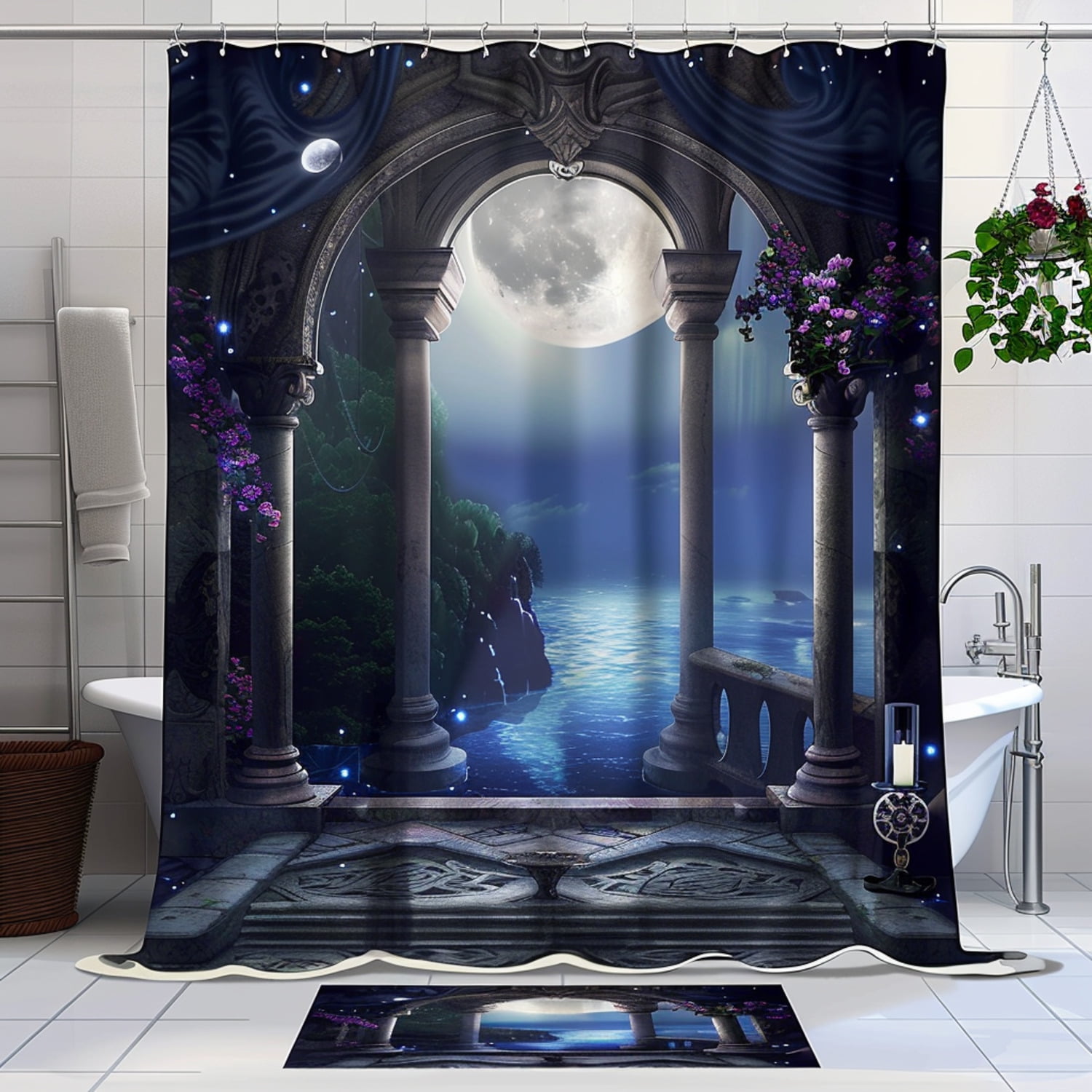 Mysterious Gothic Balcony Moonlit Ocean Shower Curtain Set Fantasy ...