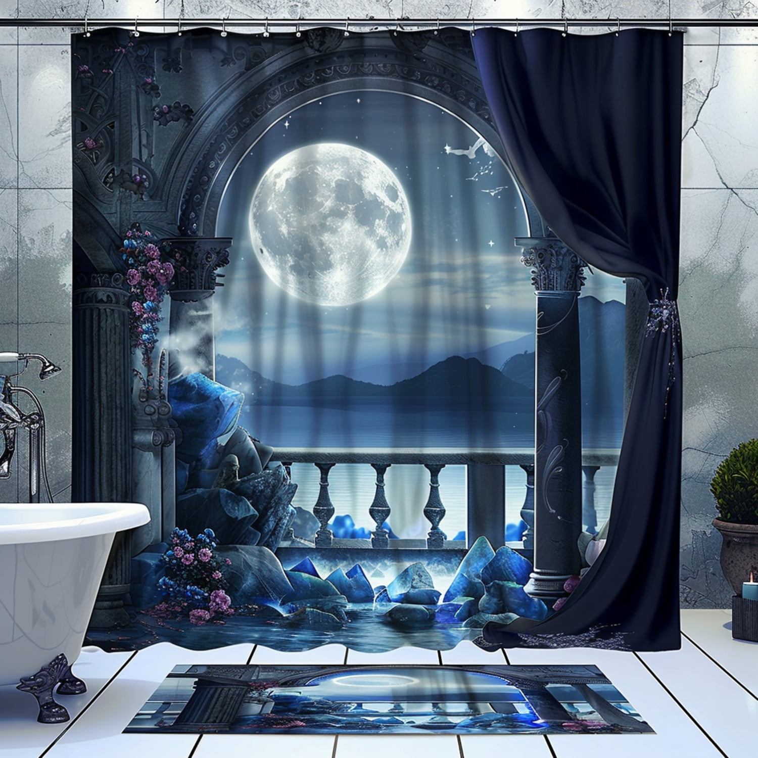 Mysterious Gothic Moonlit Ocean Shower Curtain Set Fantasy Bathroom ...