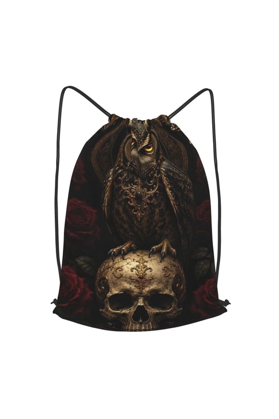 Mysterious Gothic Owl Skull Graphic Drawstring Backpack Gym String Bag Sports Sackpack Cinch Sack, S
