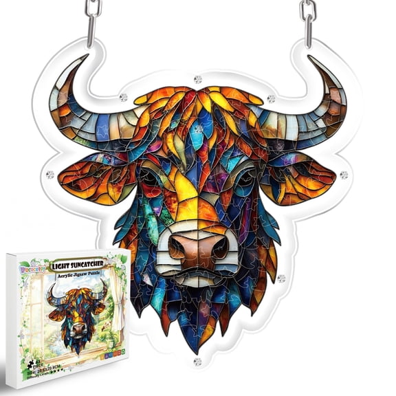 Mysterious "Highland Sun-Chaser" Acrylic Puzzle Suncatcher with Hidden Creatures, Vibrant Stained-Glass Bull Silhouette Art for Adults, Unique Fantasy Gift