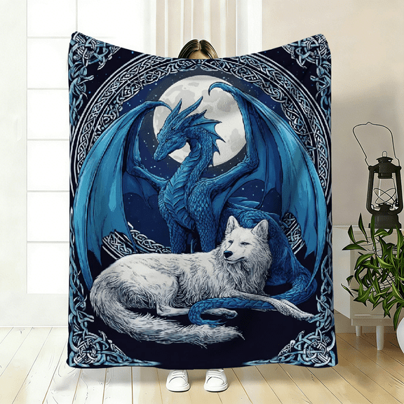 A Mysterious Ice Dragon and Wolf Plush Print Blanket - 1pc, Modern Style, Machine Washable, All-season Comfort, Digital Print Polyester Bedding, Minimalist Theme Decor, Lightweight Fabric