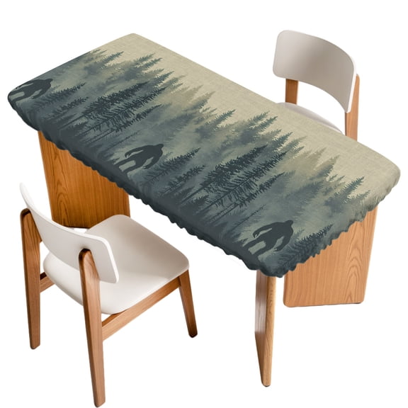 Mysterious Misty Fitted Rectangle Tablecloth 24" x 36" Forest Bigfoot Monster Elastic Table Cloth Fits for 3 Foot Folding Tables Waterproof Table Cover for Picnic Camping Outdoor