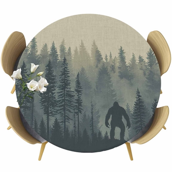 Mysterious Misty Round Fitted Table Cover Forest Bigfoot Monster Waterproof Table Cloth with Elastic Edge Wipeable Tablecloth for Picnic Camping Party Fits 55"-60" Diameter