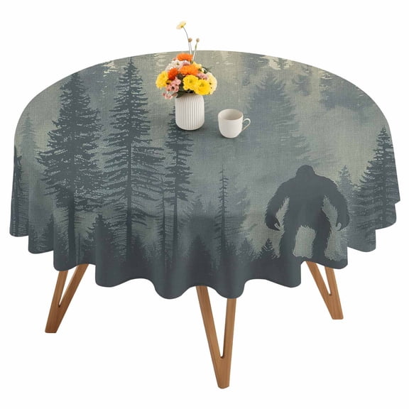 Mysterious Misty Round Tablecloth 54 inches Forest Bigfoot Monster Waterproof Oil-Proof Table Cloth Round Table Cover for Holiday Party Picnic Dinner Decor Indoor and Outdoor Use