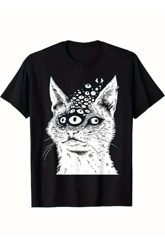 Mysterious Multi Eyed Cat Graphic Print Vintage Unisex T-Shirt ,up to size 5XL