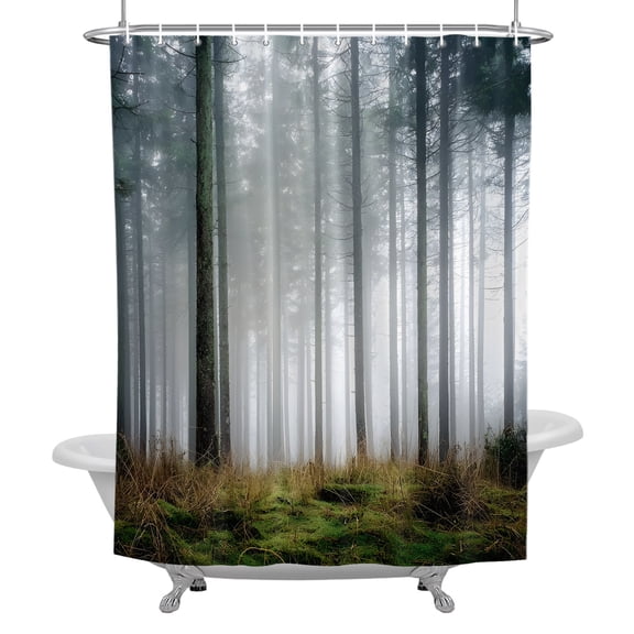 Mysterious Natural Shower Curtain, Rustic Mist Green Deep Forest Waterproof Fabric Bathroom Shower Curtains Set with Hooks, 72 X 72 Inch Long
