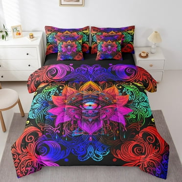 Mysterious Oriental Bed in a Bag Bohemian Lotus Bedding Set, Hippie Mandala Queen Comforter Set 7pcs Teal Blue Paisley Bedding Comforter Sets, Tribal Feather Bed Sheets Set Hamsa Fatima Eye Decor