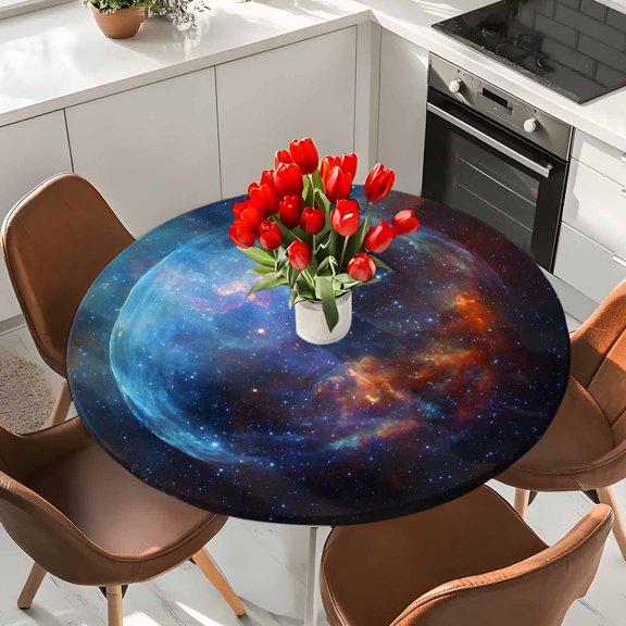 Mysterious Planet Outer Space Round Fitted Tablecloth with Elastic Edge,Waterproof Table Cloth Fits Tables Up to 36"-44",Wipeable Table Cover for Indoor Outdoor Dinning Party,Modern Abstract Art