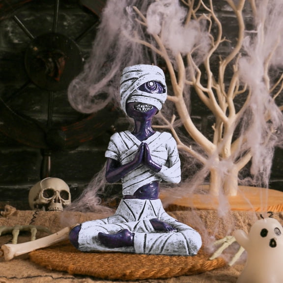 Mysterious Purple Halloween Meditating Mummy Tabletop Figurine, Indoor Home Tabletop Haunted House Trick Or Treat Spooky Party, Tear Proof Weatherproof Craftsmanship Display For Holiday Party Guests