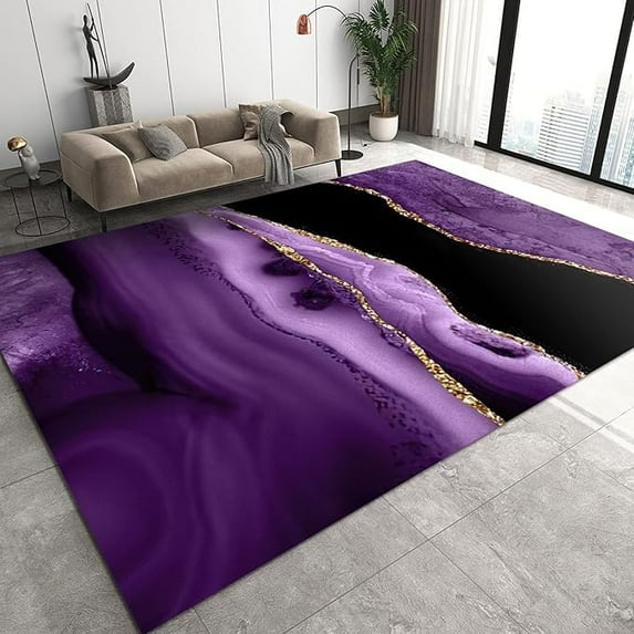 Mysterious Purple Marble Rug Runner, Light Luxury Black Gold Texture Laundry Room Rug, Contemporary Accent Throw Rug For Living Room Study Bedroom Farmhouse Rug 4' x 6'