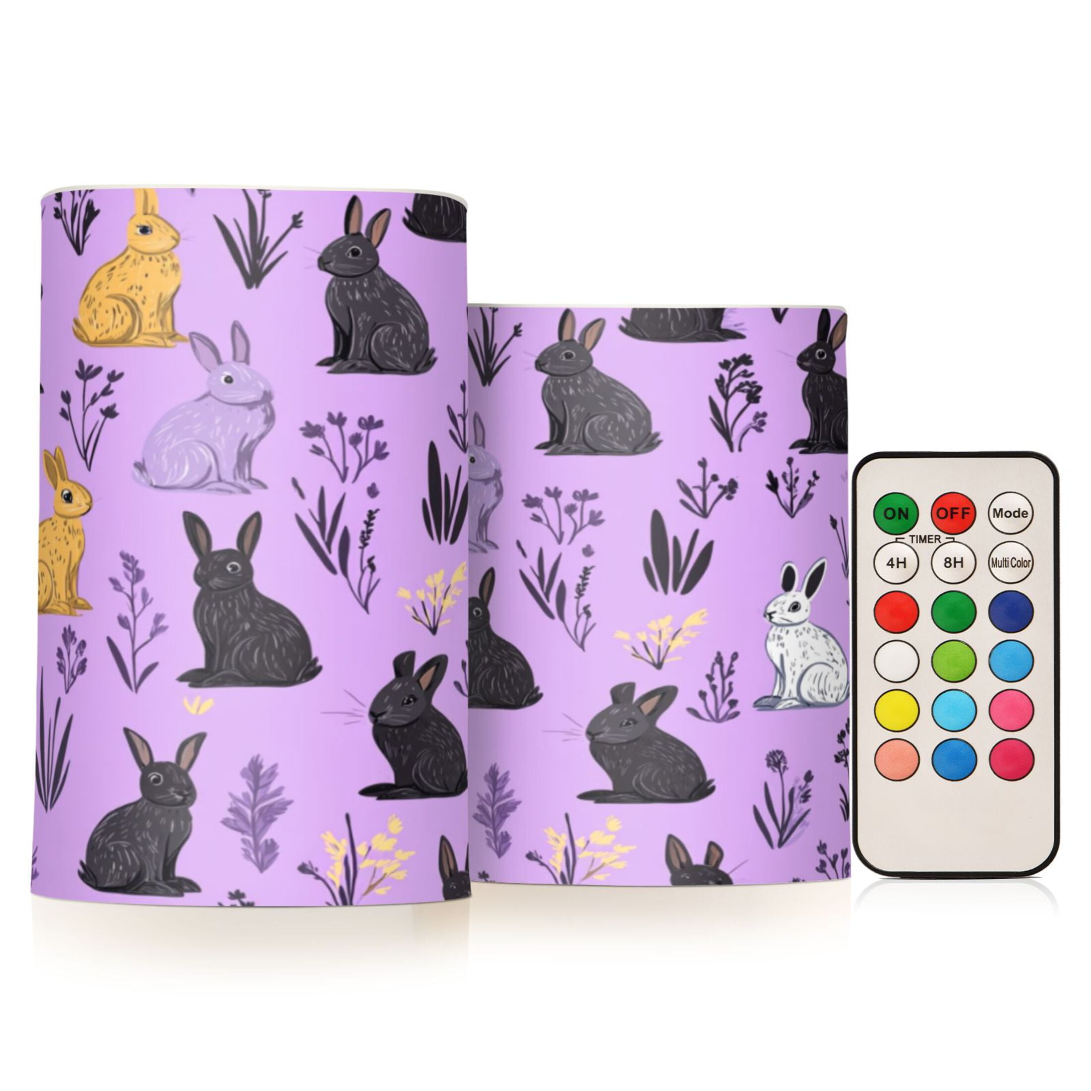 Mysterious Rabbit Pattern Flameless LED Candle Set with Remote, Battery Operated Color Changing Pillar Candles, Set of 2