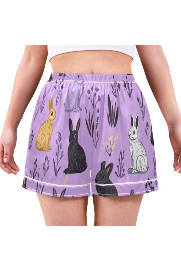 Mysterious Rabbit Pattern Women's Pajama Shorts Silky Satin Casual Lounge Sleep Zero Pressure