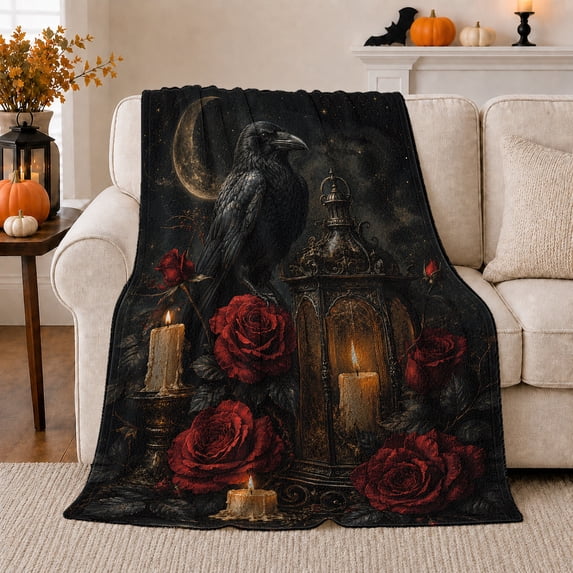Mysterious Raven and Lantern Nocturne with Deep Red Roses, Warm Flannel Blanket for Living Room and Reading Nook, Bird Lovers Friendship Gift, Artistic Home Decor