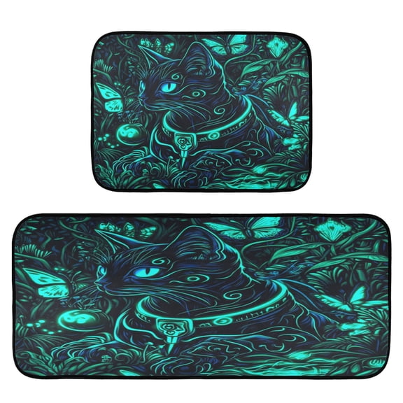 Mysterious Religious Cat 2-Piece Kitchen Carpet Mat Set, Non-Slip Memory Foam, Soft for Kitchen and Living Room Use
