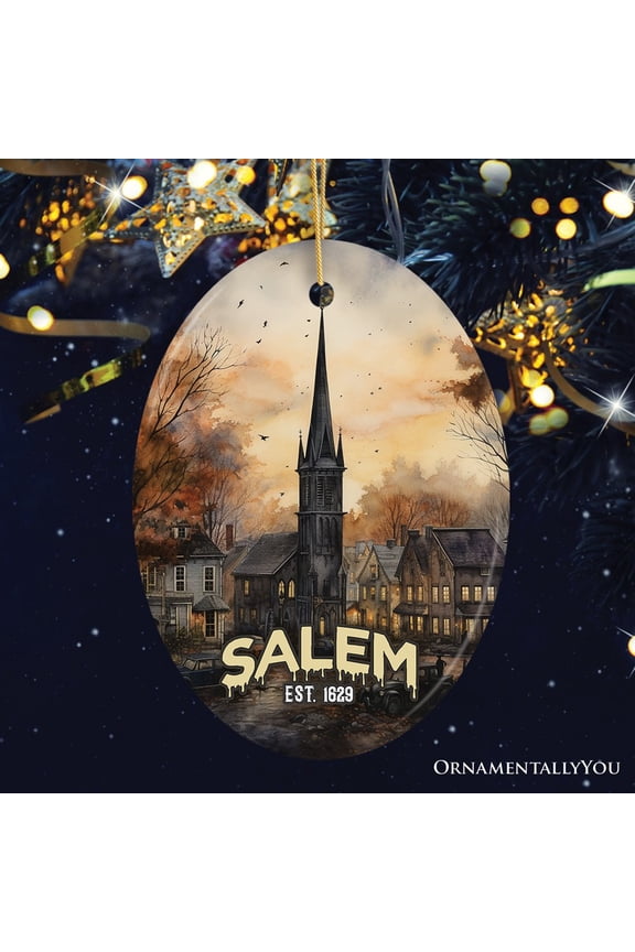 Mysterious Salem Watercolor Fall Art Ornament, Massachusetts Souvenir and Gift