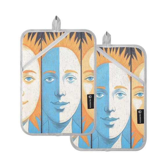 Mysterious Sun Personification Pattern Pot Holder Set 2 Piece Non-Slip Oven Hot Pads Heat Resistant Durable 7x9.8in