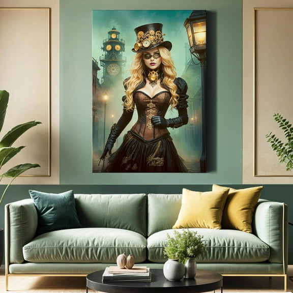 Mysterious Victorian Steampunk Lady Canvas Print – Retro Futuristic Wall Art, Gothic Industrial Home Decor