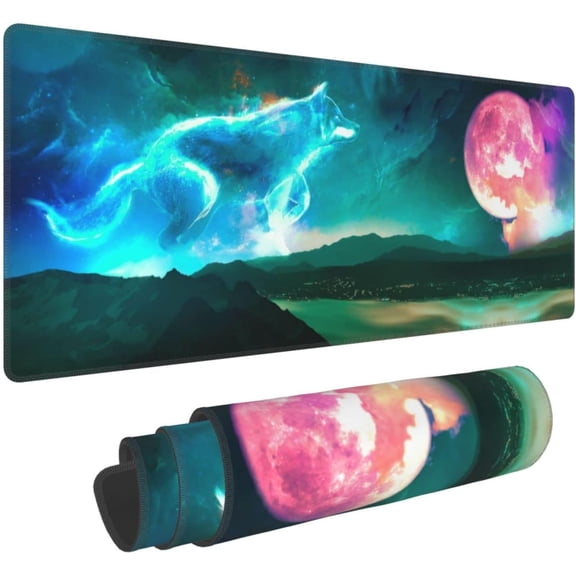 Mysterious Wolf Red Moon Extended Professional Gaming Mouse Pad 31.5x11.8inch, Non-Slip Computer Mouse Pad Waterproof Keyboard Pad Desk Mat