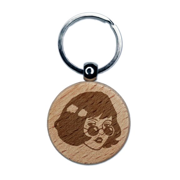 Mysterious Woman with Sunglasses Looking Engraved Wood Round Keychain Tag Charm